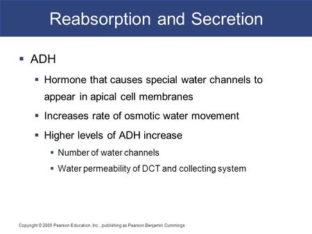 Copyright © 2009 Pearson Education, Inc., publishing as Pearson Benjamin Cummings Reabsorption and Secretion  ADH  Hormone that causes special water.