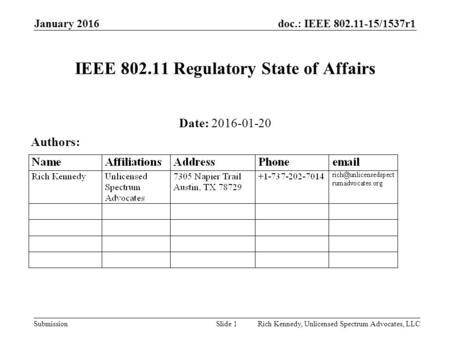 Doc.: IEEE 802.11-15/1537r1 Submission January 2016 Rich Kennedy, Unlicensed Spectrum Advocates, LLCSlide 1 IEEE 802.11 Regulatory State of Affairs Date: