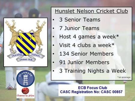 © Hunslet Nelson Cricket Club 2011 Hunslet Nelson Cricket Club 3 Senior Teams 7 Junior Teams Host 4 games a week* Visit 4 clubs a week* 134 Senior Members.