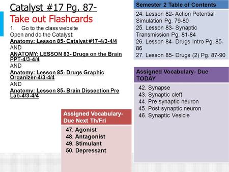 Catalyst #17 Pg. 87- Take out Flashcards 1.Go to the class website Open and do the Catalyst: Anatomy: Lesson 85- Catalyst #17-4/3-4/4 AND ANATOMY: LESSON.