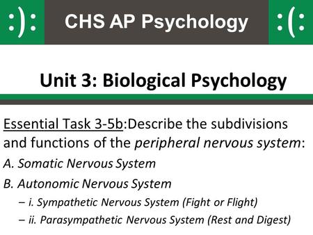 CHS AP Psychology Unit 3: Biological Psychology Essential Task 3-5b:Describe the subdivisions and functions of the peripheral nervous system: A. Somatic.