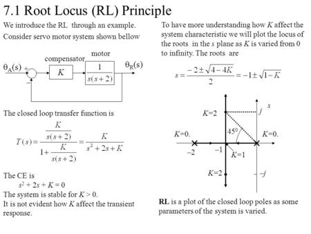 7.1 Root Locus (RL) Principle We introduce the RL through an example. Consider servo motor system shown bellow The closed loop transfer function is motor.
