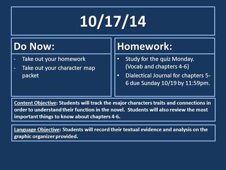 10/17/14 Do Now: -Take out your homework -Take out your character map packet Homework: Study for the quiz Monday. (Vocab and chapters 4-6) Dialectical.