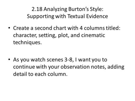 2.18 Analyzing Burton’s Style: Supporting with Textual Evidence Create a second chart with 4 columns titled: character, setting, plot, and cinematic techniques.