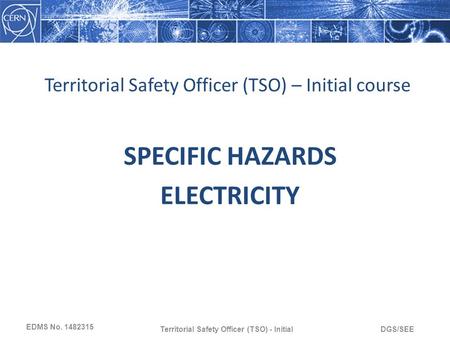 DGS/SEETerritorial Safety Officer (TSO) - Initial Territorial Safety Officer (TSO) – Initial course SPECIFIC HAZARDS ELECTRICITY EDMS No. 1482315.