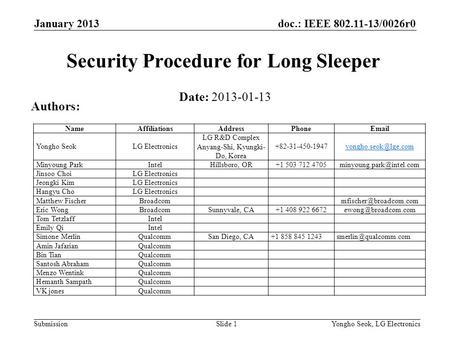 Doc.: IEEE 802.11-13/0026r0 Submission January 2013 Yongho Seok, LG ElectronicsSlide 1 Security Procedure for Long Sleeper Date: 2013-01-13 Authors: NameAffiliationsAddressPhoneEmail.