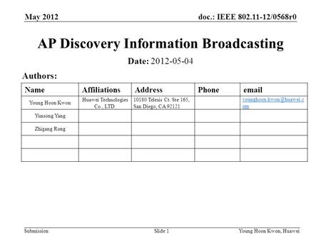 Doc.: IEEE 802.11-12/0568r0 Submission May 2012 Young Hoon Kwon, Huawei Slide 1 AP Discovery Information Broadcasting Date: 2012-05-04 Authors: NameAffiliationsAddressPhoneemail.