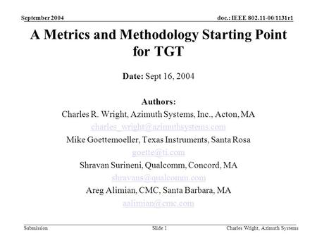 Doc.: IEEE 802.11-00/1131r1 Submission September 2004 Charles Wright, Azimuth SystemsSlide 1 A Metrics and Methodology Starting Point for TGT Date: Sept.