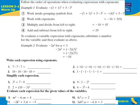 ALGEBRA READINESS LESSON 3-1 Warm Up Lesson 3-1 Warm Up.