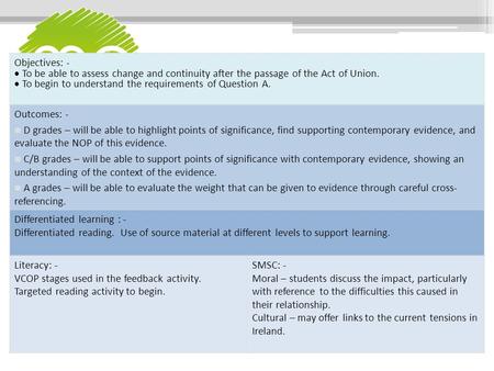 Objectives: -  To be able to assess change and continuity after the passage of the Act of Union.  To begin to understand the requirements of Question.