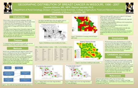 GEOGRAPHIC DISTRIBUTION OF BREAST CANCER IN MISSOURI, 1996 - 2007 Faustine Williams, MS., MPH, Stephen Jeanetta, Ph.D. Department of Rural Sociology, Division.