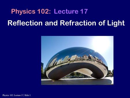 Physics 102: Lecture 17, Slide 1 Physics 102: Lecture 17 Reflection and Refraction of Light.