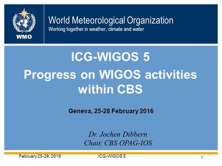 World Meteorological Organization Working together in weather, climate and water ICG-WIGOS 5 Progress on WIGOS activities within CBS WMO Dr. Jochen Dibbern.
