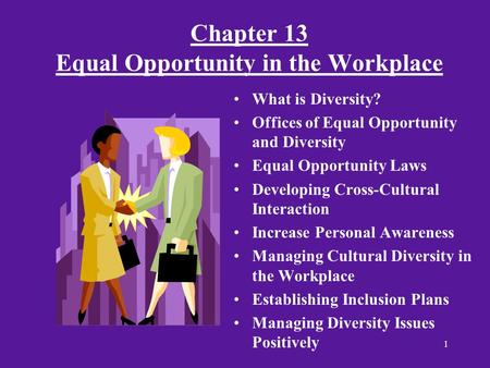 1 Chapter 13 Equal Opportunity in the Workplace What is Diversity? Offices of Equal Opportunity and Diversity Equal Opportunity Laws Developing Cross-Cultural.
