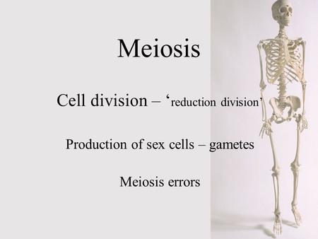 Meiosis Cell division – ‘ reduction division’ Production of sex cells – gametes Meiosis errors.