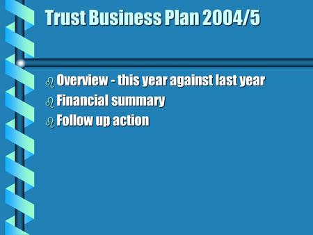 Trust Business Plan 2004/5 b Overview - this year against last year b Financial summary b Follow up action.