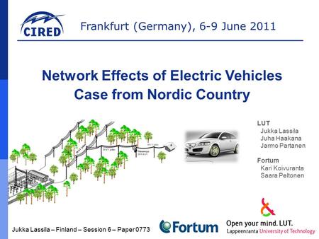 Frankfurt (Germany), 6-9 June 2011 Jukka Lassila – Finland – Session 6 – Paper 0773 Network Effects of Electric Vehicles Case from Nordic Country LUT Jukka.