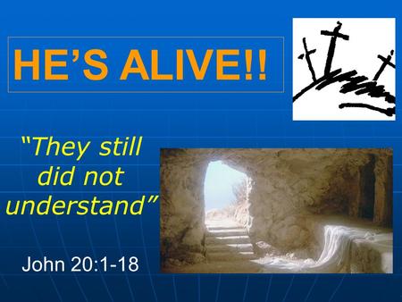 HE’S ALIVE!! “They still did not understand” John 20:1-18.