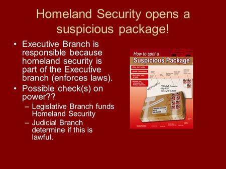 Homeland Security opens a suspicious package! Executive Branch is responsible because homeland security is part of the Executive branch (enforces laws).