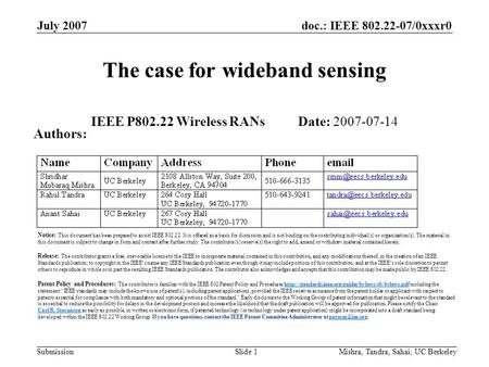 Doc.: IEEE 802.22-07/0xxxr0 Submission July 2007 Mishra, Tandra, Sahai, UC BerkeleySlide 1 The case for wideband sensing IEEE P802.22 Wireless RANs Date: