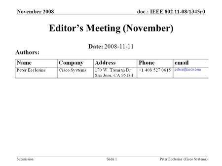 Submission doc.: IEEE 802.11-08/1345r0November 2008 Peter Ecclesine (Cisco Systems)Slide 1 Editor’s Meeting (November) Date: 2008-11-11 Authors: