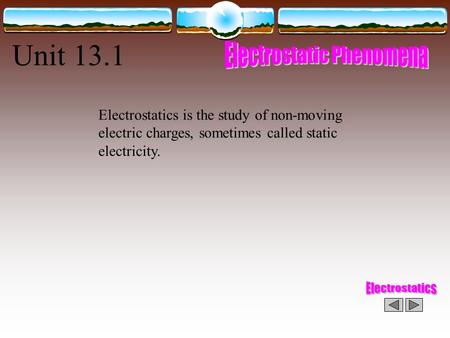 Unit 13.1 Electrostatics is the study of non-moving electric charges, sometimes called static electricity.
