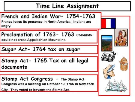 Time Line Assignment French and Indian War- 1754-1763 France loses its presence in North America. Indians are angry. Proclamation of 1763- 1763 Colonists.