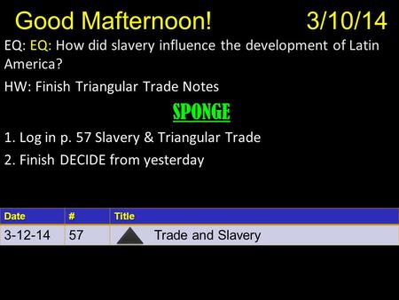 Good Mafternoon! 3/10/14 EQ: EQ: How did slavery influence the development of Latin America? HW: Finish Triangular Trade Notes SPONGE 1. Log in p. 57 Slavery.