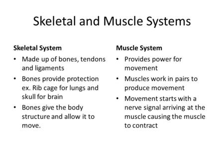 Skeletal and Muscle Systems Skeletal System Made up of bones, tendons and ligaments Bones provide protection ex. Rib cage for lungs and skull for brain.
