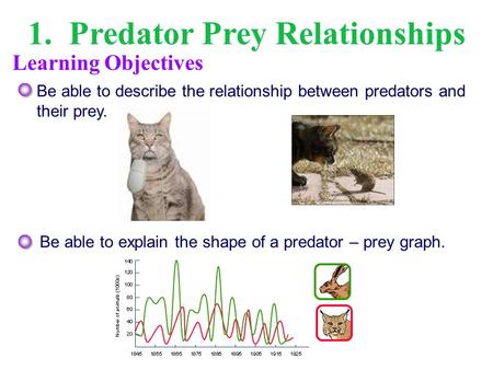 1. Predator Prey Relationships Be able to describe the relationship between predators and their prey. Be able to explain the shape of a predator – prey.