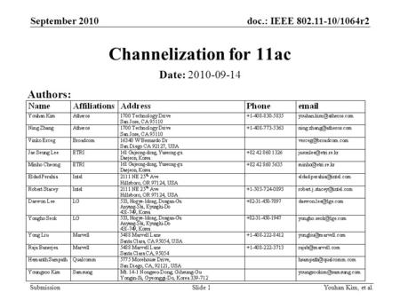 Doc.: IEEE 802.11-10/1064r2 Submission Channelization for 11ac Date: 2010-09-14 Youhan Kim, et al.Slide 1 Authors: September 2010.
