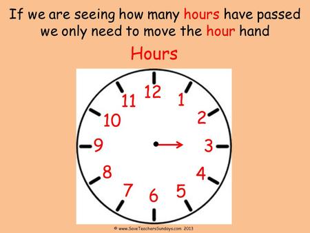 © www.SaveTeachersSundays.com 2013 If we are seeing how many hours have passed we only need to move the hour hand Hours 12 11 1 2 10 9 3 8 4 7 5 6 © www.SaveTeachersSundays.com.