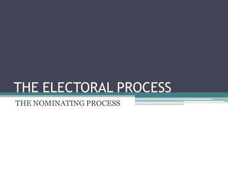 THE ELECTORAL PROCESS THE NOMINATING PROCESS. The First Step: ▫In order to have an election, candidates must be recognized/exist Self Announcement: ▫When.