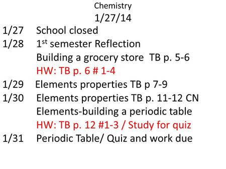 Chemistry 1/27/14 1/27School closed 1/281 st semester Reflection Building a grocery store TB p. 5-6 HW: TB p. 6 # 1-4 1/29 Elements properties TB p 7-9.