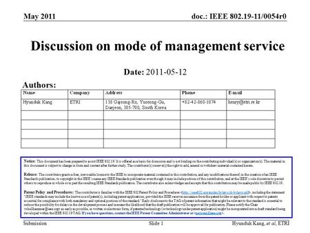 Doc.: IEEE 802.19-11/0054r0 Submission May 2011 Slide 1Hyunduk Kang, et al, ETRI Discussion on mode of management service Notice: This document has been.
