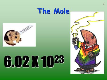 1 The Mole 6.02 X 10 23. 2 The Mole A counting unit Similar to a dozen, except instead of 12, it’s 602 billion trillion 602,000,000,000,000,000,000,000.