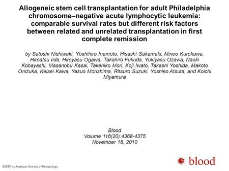 Allogeneic stem cell transplantation for adult Philadelphia chromosome–negative acute lymphocytic leukemia: comparable survival rates but different risk.