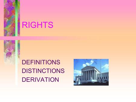 RIGHTS DEFINITIONS DISTINCTIONS DERIVATION. Misunderstandings about Rights The Assertion Of A Right = The Existence Of A Right. Rights Are Self—evident.
