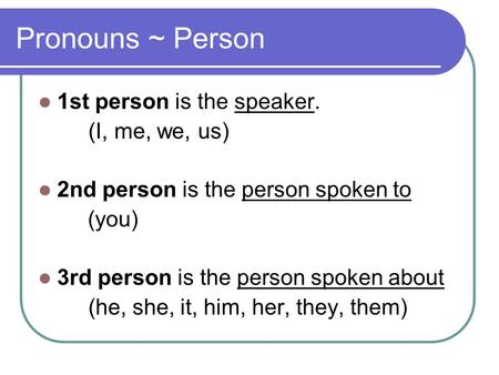 Pronouns ~ Person 1st person is the speaker. (I, me, we, us) 2nd person is the person spoken to (you) 3rd person is the person spoken about (he, she, it,