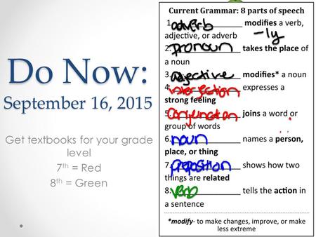 Do Now: September 16, 2015 Get textbooks for your grade level 7 th = Red 8 th = Green.
