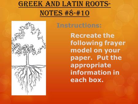 Greek and Latin Roots- Notes #8-#10 Instructions: Recreate the following frayer model on your paper. Put the appropriate information in each box.