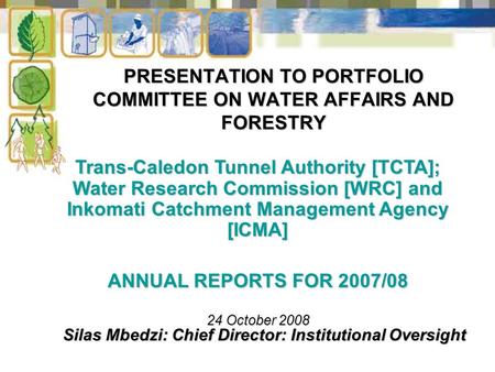 PRESENTATION TO PORTFOLIO COMMITTEE ON WATER AFFAIRS AND FORESTRY Silas Mbedzi: Chief Director: Institutional Oversight Trans-Caledon Tunnel Authority.