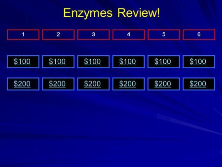 $200 $100 $200 $100 $200 126345 Enzymes Review!. $100 Jeopardy Menu Enzymes are what type of macromolecule? Protein.