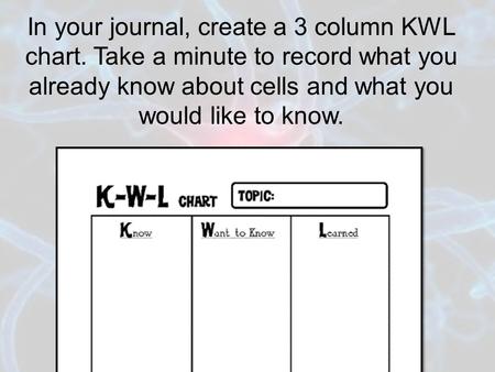 In your journal, create a 3 column KWL chart. Take a minute to record what you already know about cells and what you would like to know.
