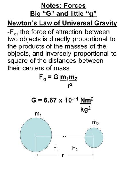 Notes: Forces Big “G” and little “g” Newton’s Law of Universal Gravity -F g, the force of attraction between two objects is directly proportional to the.