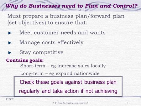 2.3 How do businesses survive?1 Must prepare a business plan/forward plan (set objectives) to ensure that: Meet customer needs and wants Manage costs effectively.