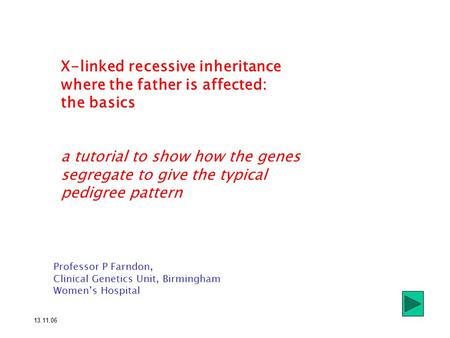 X-linked recessive inheritance where the father is affected: the basics a tutorial to show how the genes segregate to give the typical pedigree pattern.