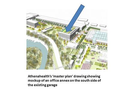 Athenahealth’s ‘master plan’ drawing showing mockup of an office annex on the south side of the existing garage.