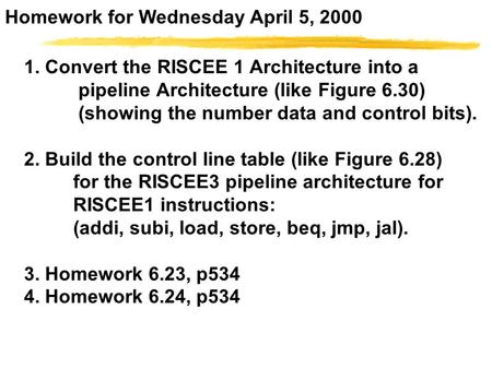 1. Convert the RISCEE 1 Architecture into a pipeline Architecture (like Figure 6.30) (showing the number data and control bits). 2. Build the control line.