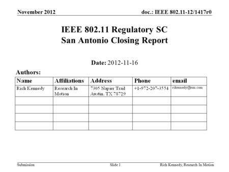 Doc.: IEEE 802.11-12/1417r0 Submission November 2012 Rich Kennedy, Research In MotionSlide 1 IEEE 802.11 Regulatory SC San Antonio Closing Report Date: